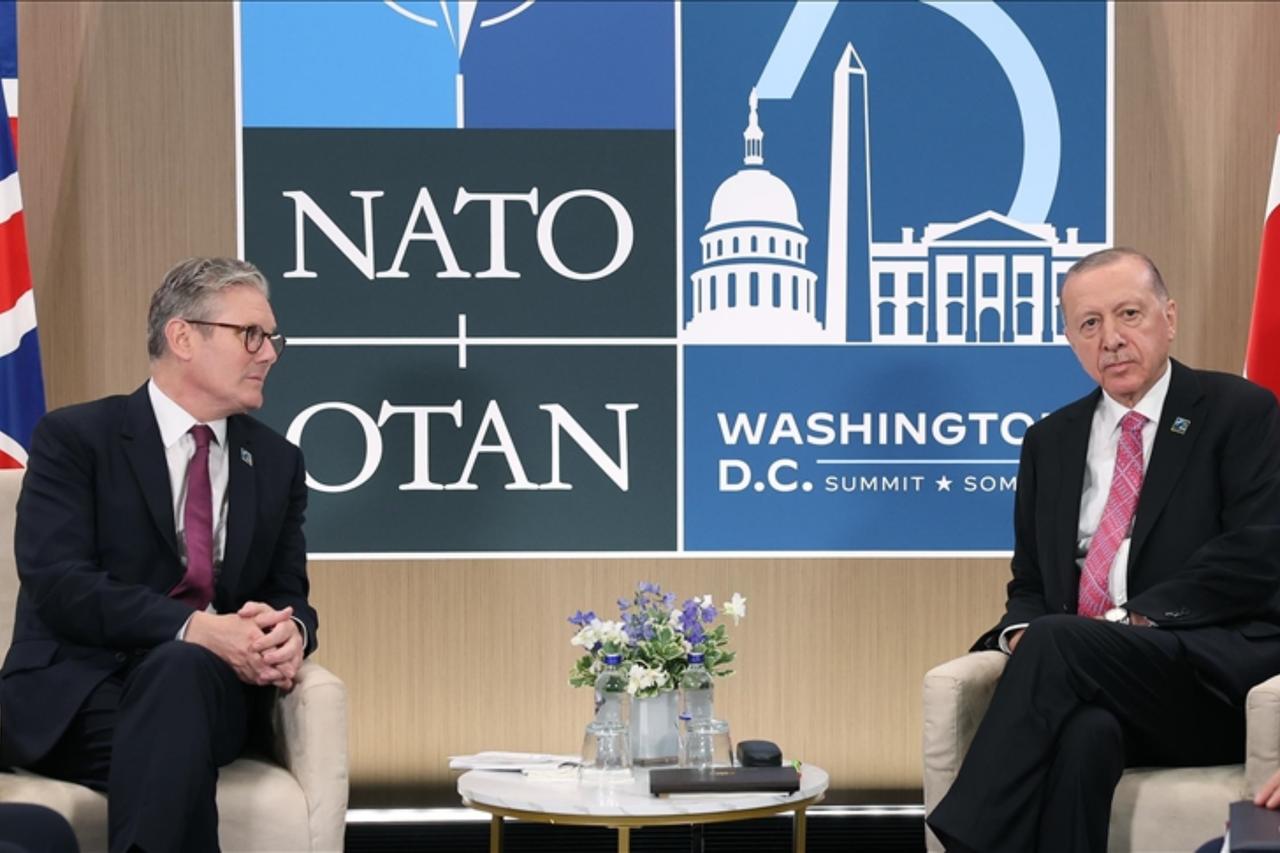 President Recep Tayyip Erdogan (R) meets with British Prime Minister Keir Starmer (L) as part of the NATO Heads of State and Government Summit in Washington, U.S. on July 11, 2024. (AA Photo)