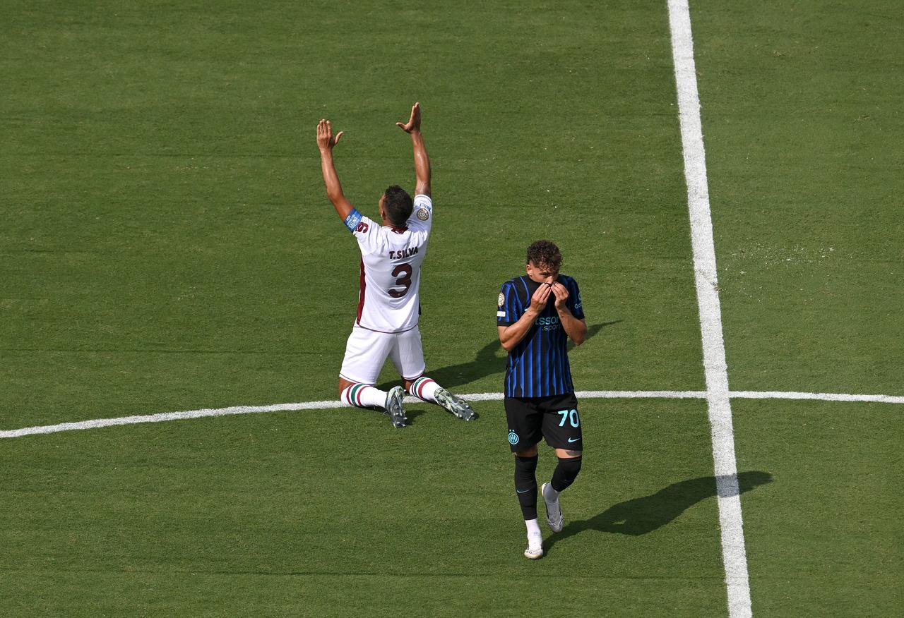 Thiago Silva (#3, Fluminense) and Sebastiano Esposito (#70, Inter Milan) react after the FIFA Club World Cup 2025 Round of 16 match at Bank of America Stadium, Charlotte, June 30, 2025. (AFP Photo)