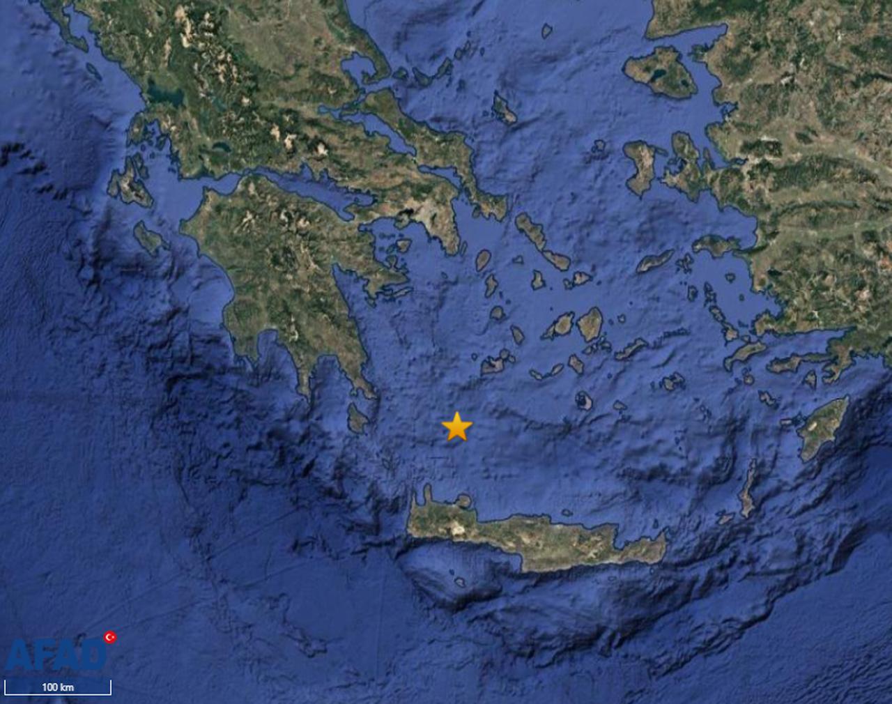 A map shows the epicenter of the 4.8-magnitude earthquake that struck off the southern coast of Crete, Greece, July 23, 2025. (Map via AFAD)