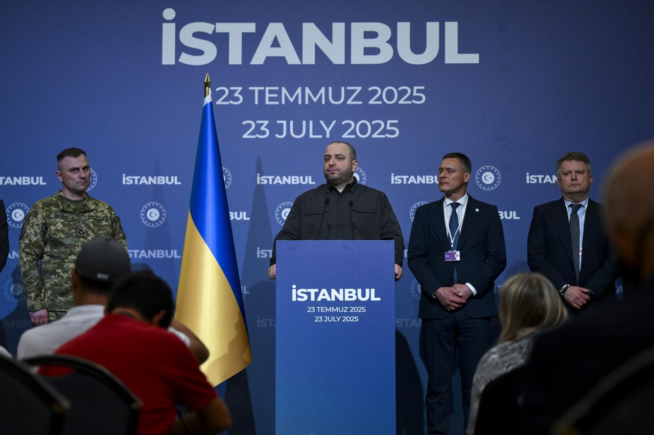 Rustem Umerov, the head of Ukraine's National Security and Defense Council, speaks at the Ciragan Palace following Russia–Ukraine peace talks in Istanbul, Türkiye on July 23, 2025. (AA Photo)