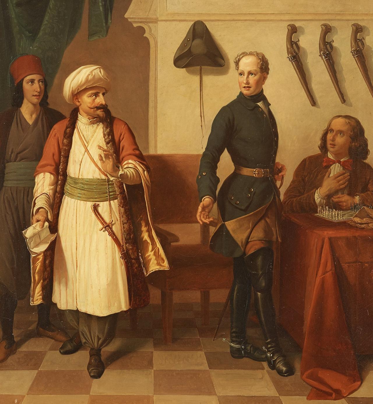 Oil on canvas by Gustaf Brusewitz (Sweden, 1812–1899), signed G. Brusewitz─depicts King Karl XII (1682–1718) during his time in Bender. (Image via Bukowskis)