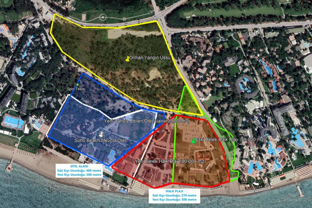 Map showing the disputed 83-decare forest area and its surroundings in Belek, Antalya, Türkiye, July 24, 2025. (Photo via Ministry of Culture and Tourism)