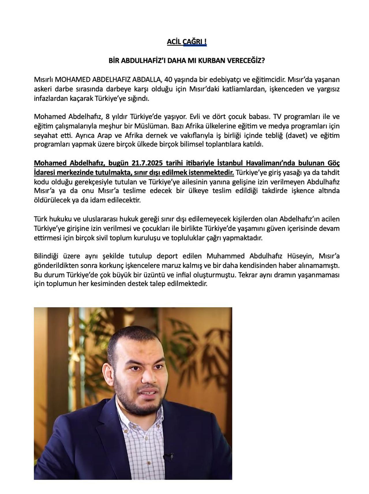 An urgent statement by Mohamed Abdelhafiz’s lawyer condemns the arrest and calls on Turkish authorities to release him,Jul 22, 2025.(Photo by @Gulden_Sonmez)