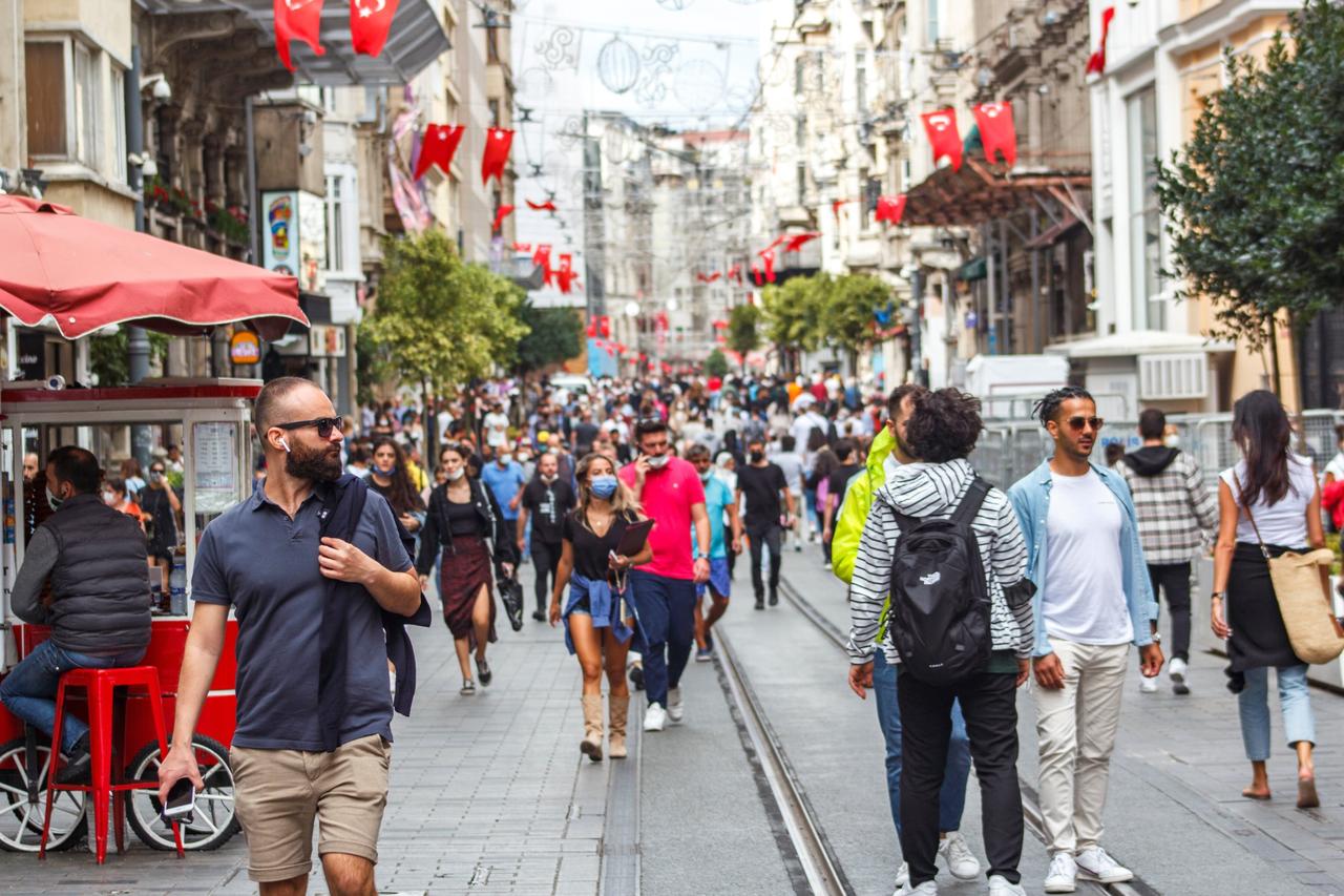 People walking in Istiklal street, one of the iconic place in Beyoglu, Istanbul, Türkiye, July 6, 2023. (Stock Photo)
