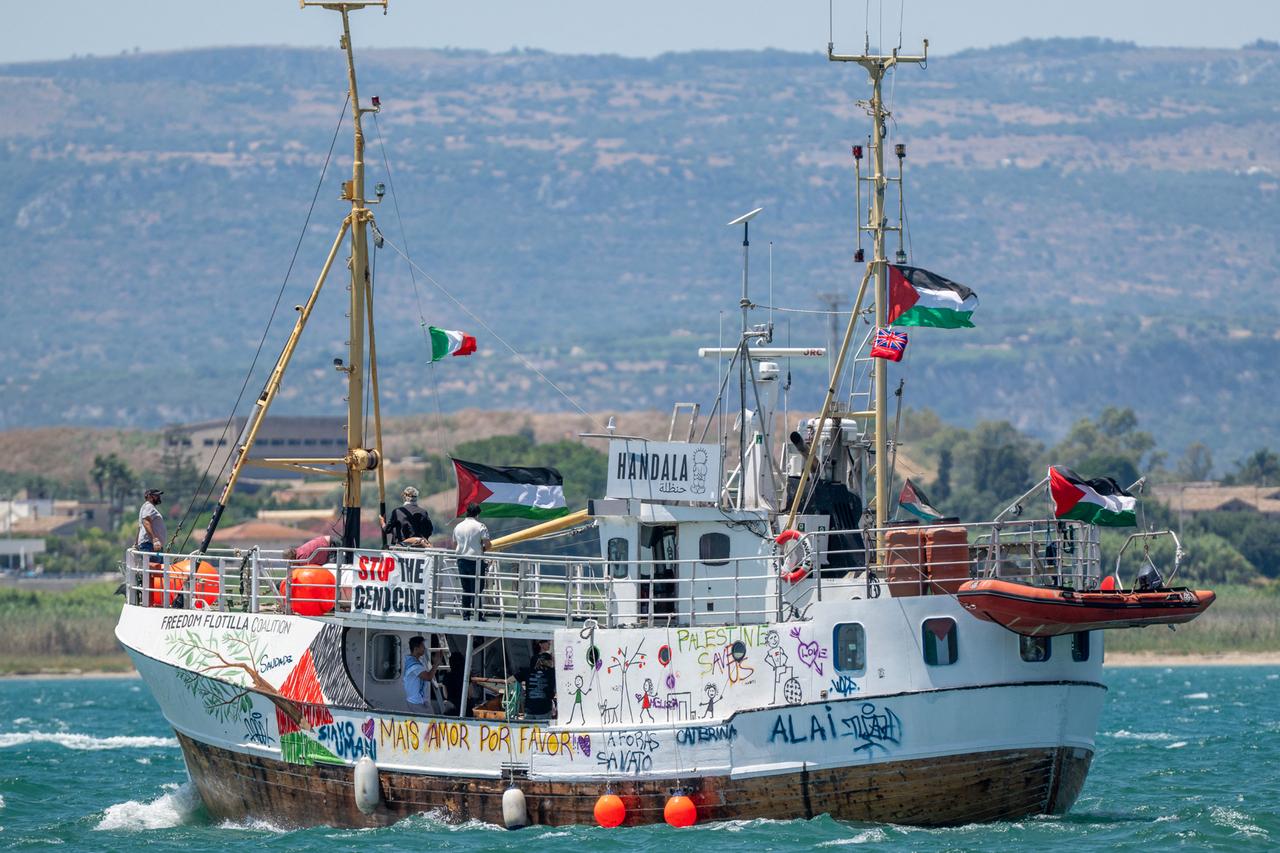 This photograph shows a view of the Freedom Flotilla ship  Handala  as the boat leaves for Gaza at a port in Syracuse, Sicily, southern Italy, July 13, 2025. (Photo by AFP)