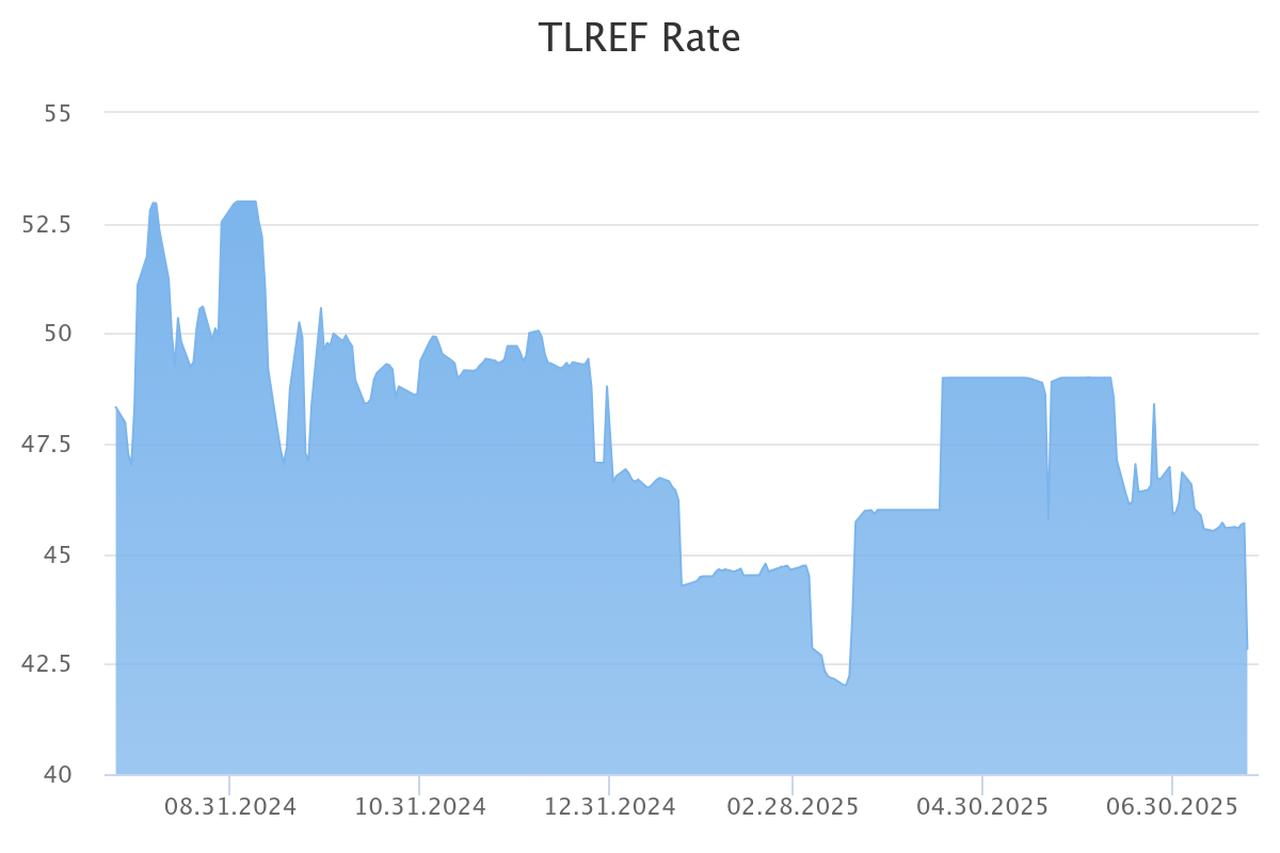 Chart shows the Turkish Lira Overnight Reference Rate (TLREF) from August 2024 to July 2025. (Chart via borsaistanbul.com)