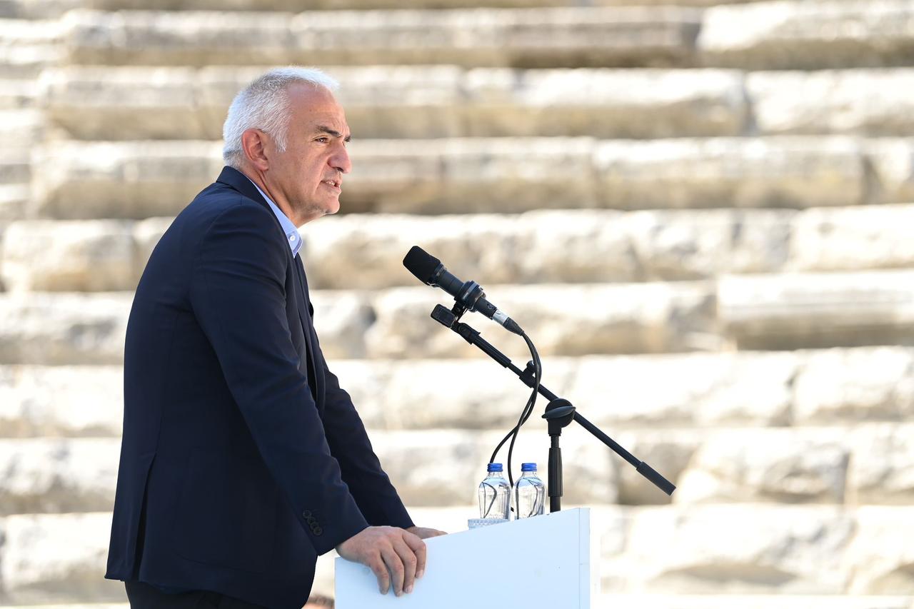 Türkiye’s Minister of Culture and Tourism Mehmet Nuri Ersoy speaks to the press at the ancient city of Aspendos in Antalya, July 25, 2025. (Photo via Ministry of Culture and Tourism)
