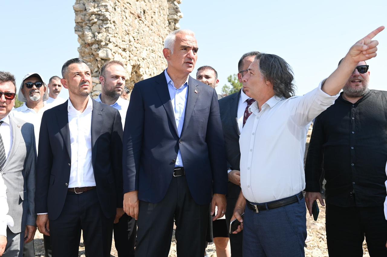 Türkiye’s Minister of Culture and Tourism Mehmet Nuri Ersoy inspects the ancient city of Aspendos in Antalya, July 25, 2025. (Photo via Ministry of Culture and Tourism)