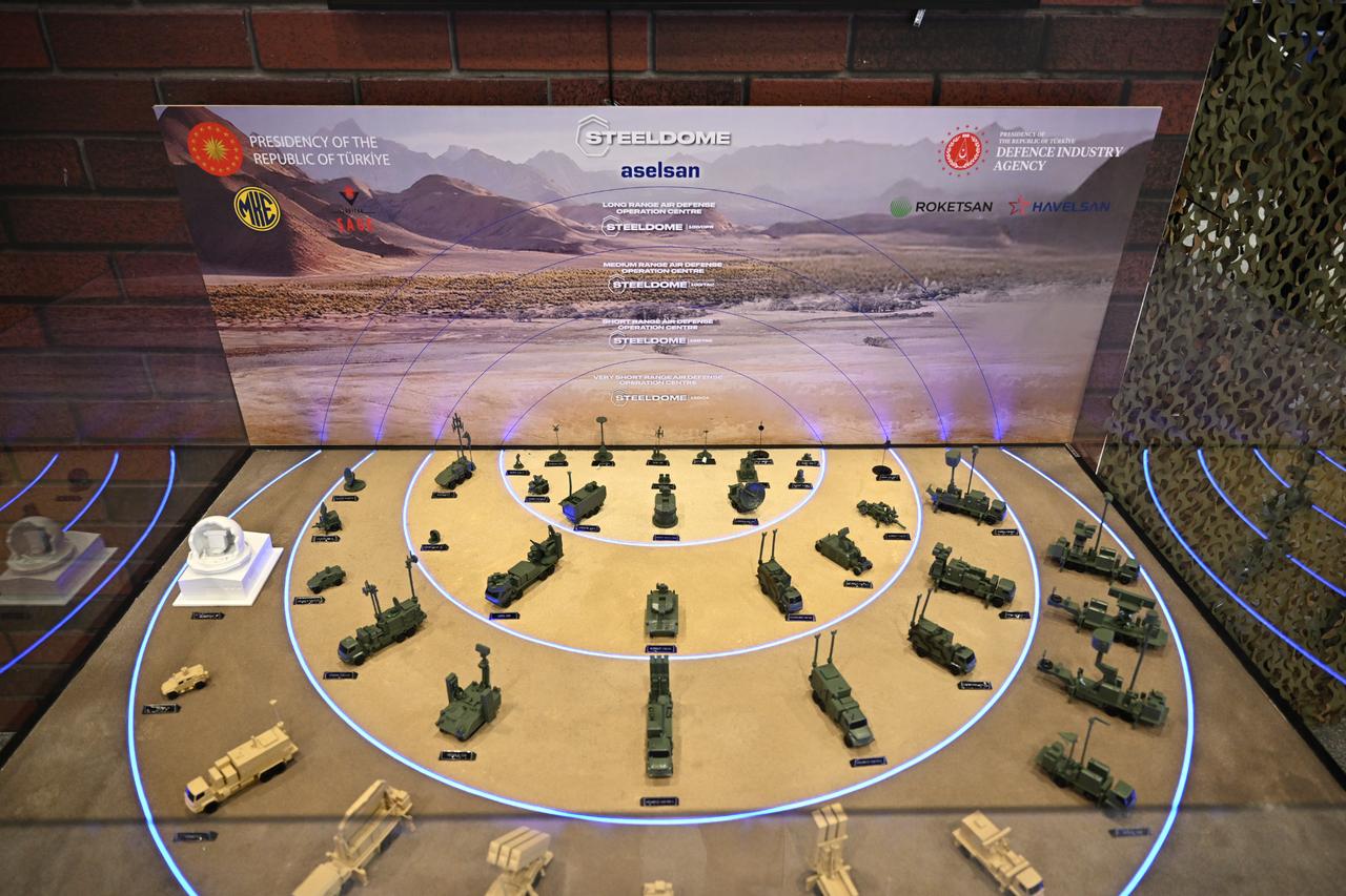 Mock-up of the Steel Dome air defense system components are displayed at the Aselsan stand during IDEF 2025 in Istanbul, Türkiye, on July 24, 2025. (AA Photo)