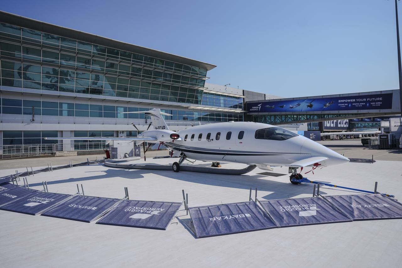 The Piaggio P.180 Avanti, designed by Piaggio Aero is showcased during IDEF 2025 in Istanbul, Türkiye on July 24, 2025. (AA Photo)