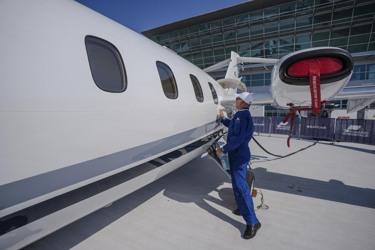 The Piaggio P.180 Avanti, designed by Piaggio Aero is showcased during IDEF 2025 in Istanbul, Türkiye on July 24, 2025. (AA Photo)
