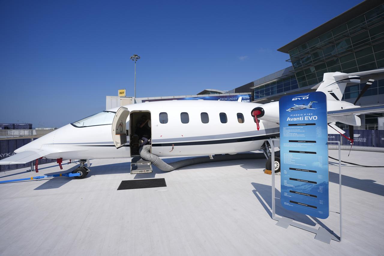 The Piaggio P.180 Avanti, designed by Piaggio Aero is showcased during IDEF 2025 in Istanbul, Türkiye on July 24, 2025. (AA Photo)