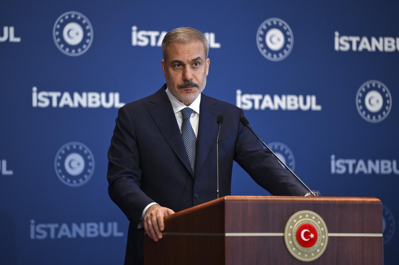 Turkish Foreign Minister Hakan Fidan speaks and answers questions during a press conference following the Balkan Peace Platform meeting at a hotel in Istanbul, Turkiye, on July 26, 2025. (AA Photo)