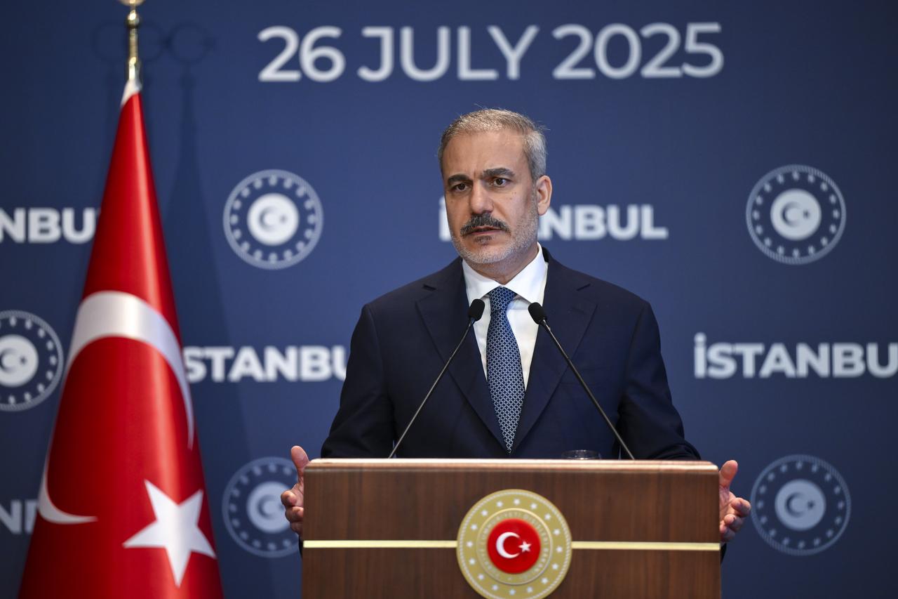Turkish Foreign Minister Hakan Fidan speaks and answers questions during a press conference following the Balkan Peace Platform meeting at a hotel in Istanbul, Turkiye, on July 26, 2025. (AA Photo)