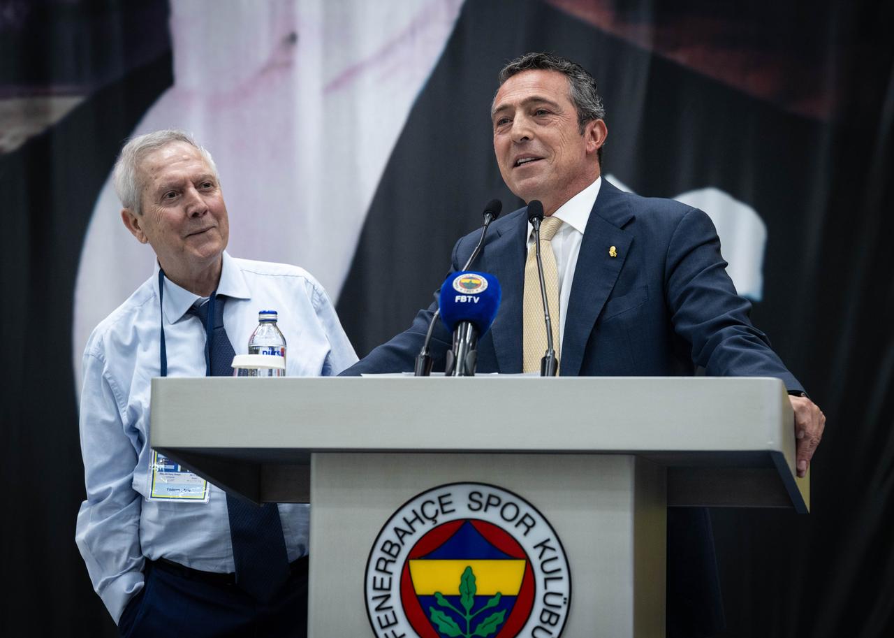 Former Fenerbahce president Aziz Yildirim and Fenerbahce President Ali Koc deliver a speech at the high council meeting at Faruk Ilgaz Facilities in Istanbul, Turkiye, July 26, 2025. (AA Photo)