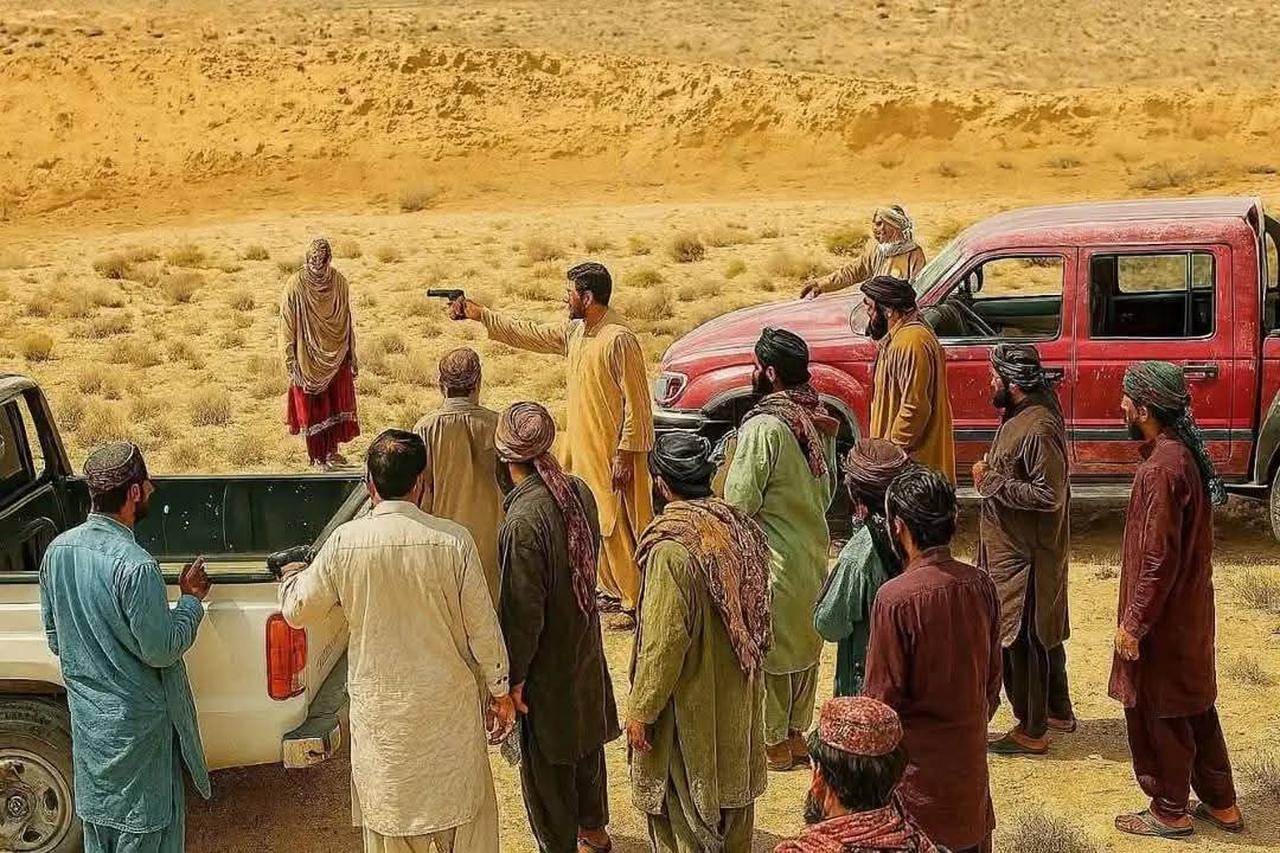 A still from a viral video reportedly showing a public execution of a woman in Balochistan, Pakistan. (Photo via X/@jaffery_anam)