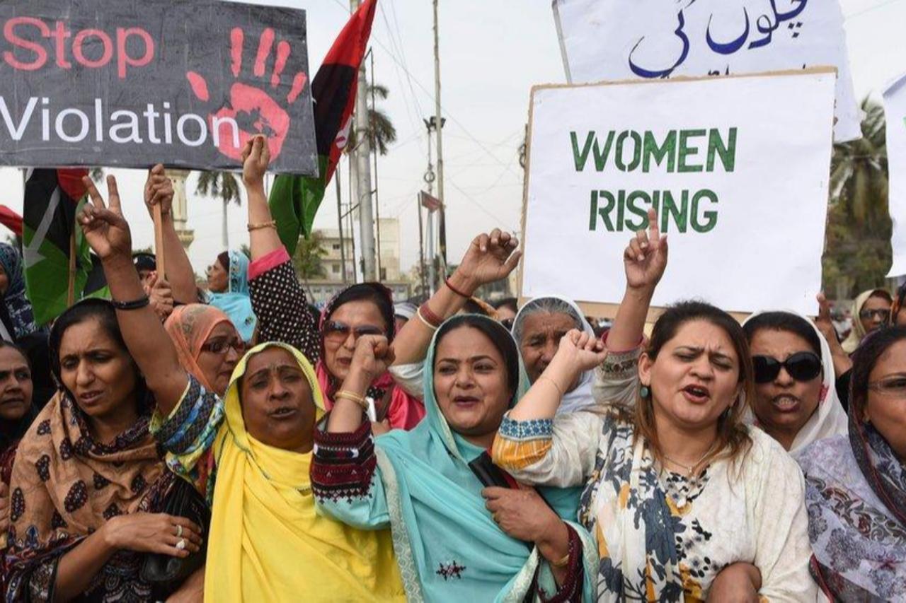 Pakistani women protest against gender-based violence and demand equal rights during a rally in Karachi. (AFP Photo)