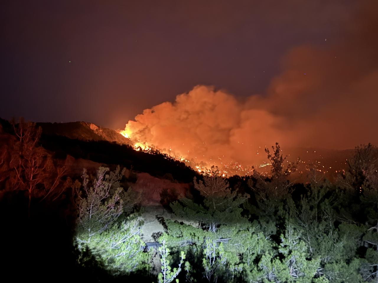 lames and thick smoke rise from a forested hillside as crews battle a wildfire in Onikisubat district of Kahramanmaras, Türkiye, July 26, 2025. (AA Photo)