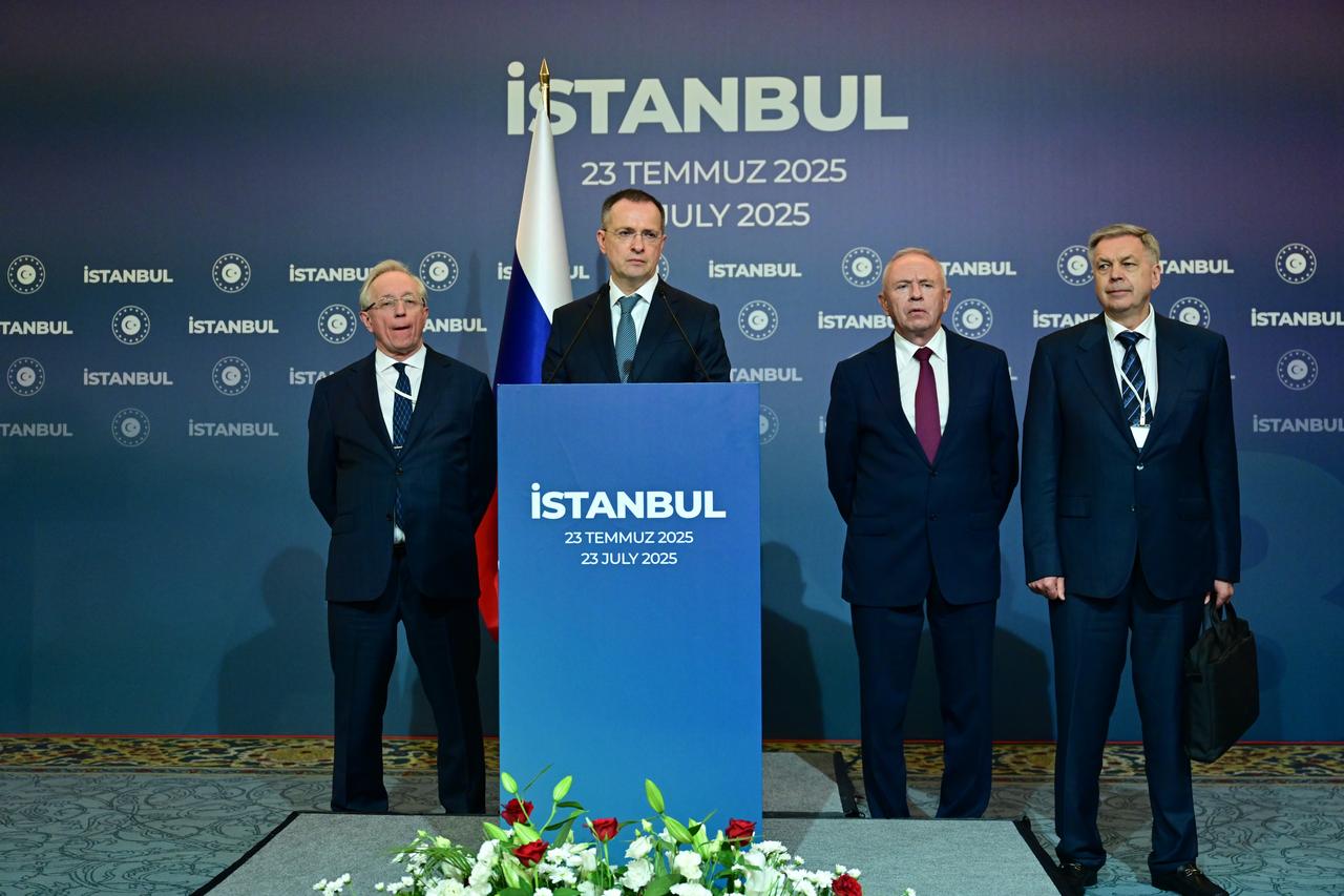 Vladimir Medinskiy, Advisor to Russian President Vladimir Putin, speaks to the press at the Ciragan Palace following 3rd round of peace talks hosted by Türkiye in Istanbul, Turkiye on July 23, 2025. (AA Photo)
