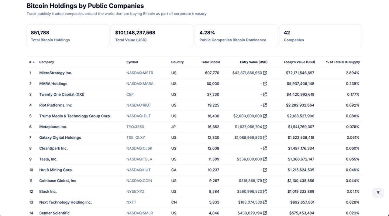 The table shows the top institutional Bitcoin holders. (Image via CoinGecko)