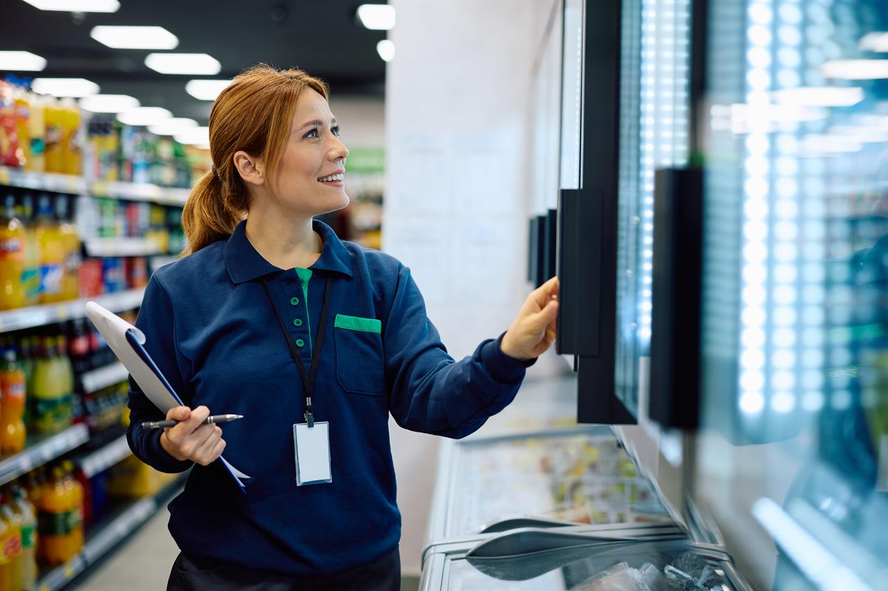 A store manager is carefully examining the food items stored inside a refrigerated compartment at a supermarket. (Adobe Stock Photo)