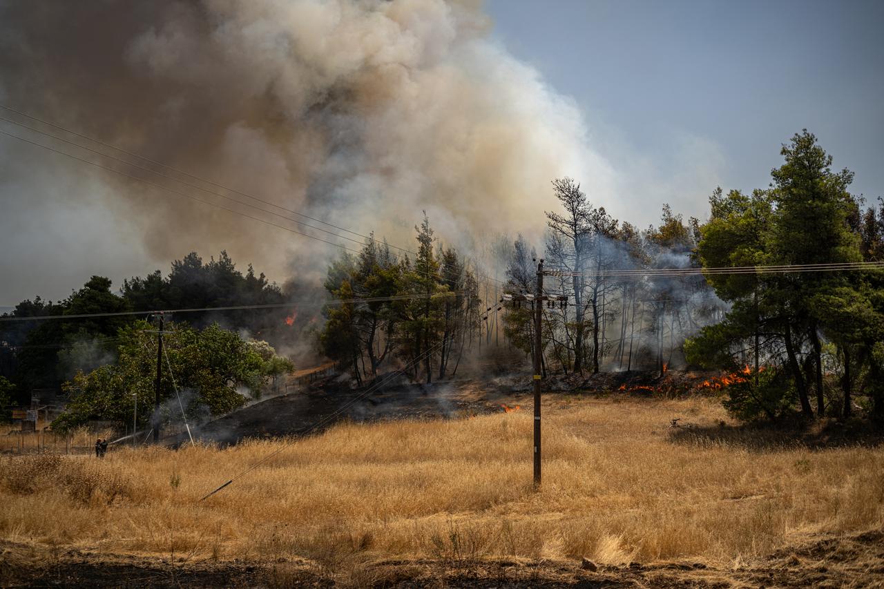 Flames and smoke rise from a burning forest during a wildfire near Psachna Village on Evia (Euboea) island, the second-largest Greek island, July 27, 2025. (AFP Photo)