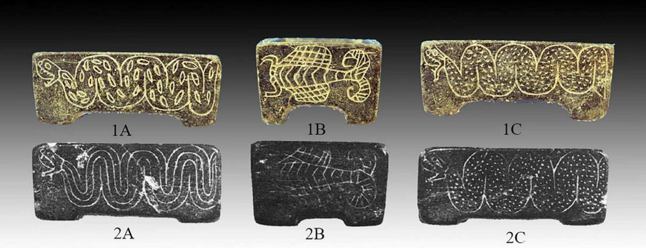 Chlorite rectangular container with incised snakes and scorpions from Chalow (top) and Bactria (bottom). (Photo via Ali A. Vahdati)