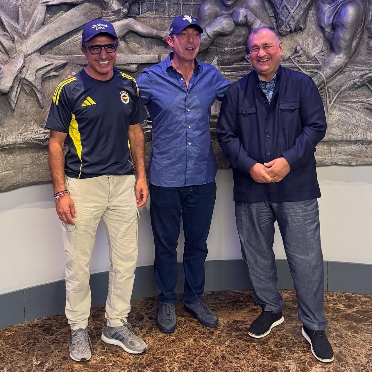Fenerbahce President Ali Koc (center) meets with Yildiz Holding Chairman Murat Ulker (right) and Chobani founder Hamdi Ulukaya (left) in Istanbul, Türkiye, on July 26, 2025. (Photo via Facebook/onediocom)