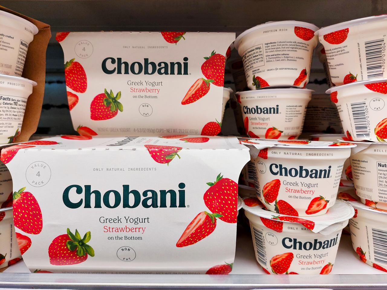 Chobani Greek Yogurt products are displayed on a supermarket shelf in Los Angeles, California, March 1, 2025. (Adobe Stock Photo)
