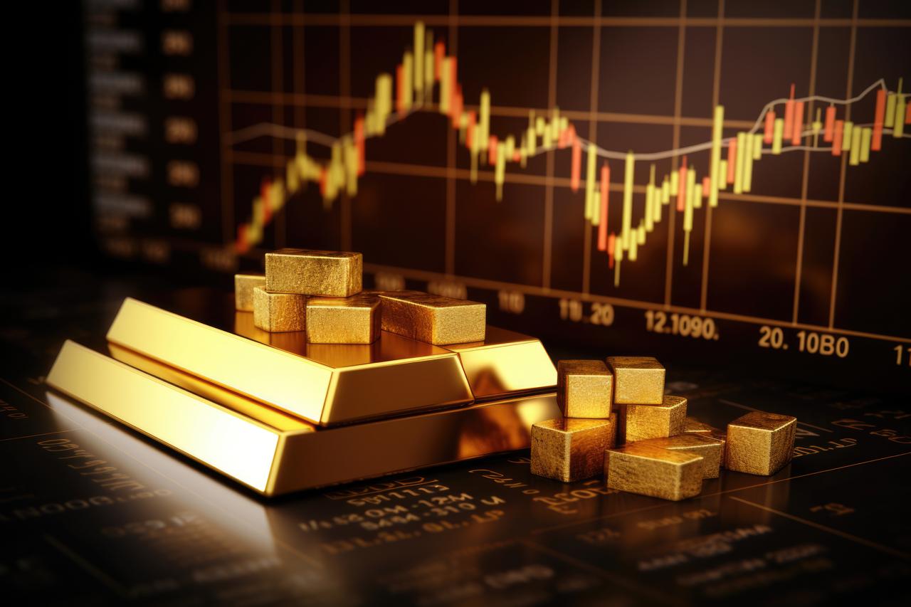Image shows gold bars in front of a trading chart (Adobe Stock Photo)