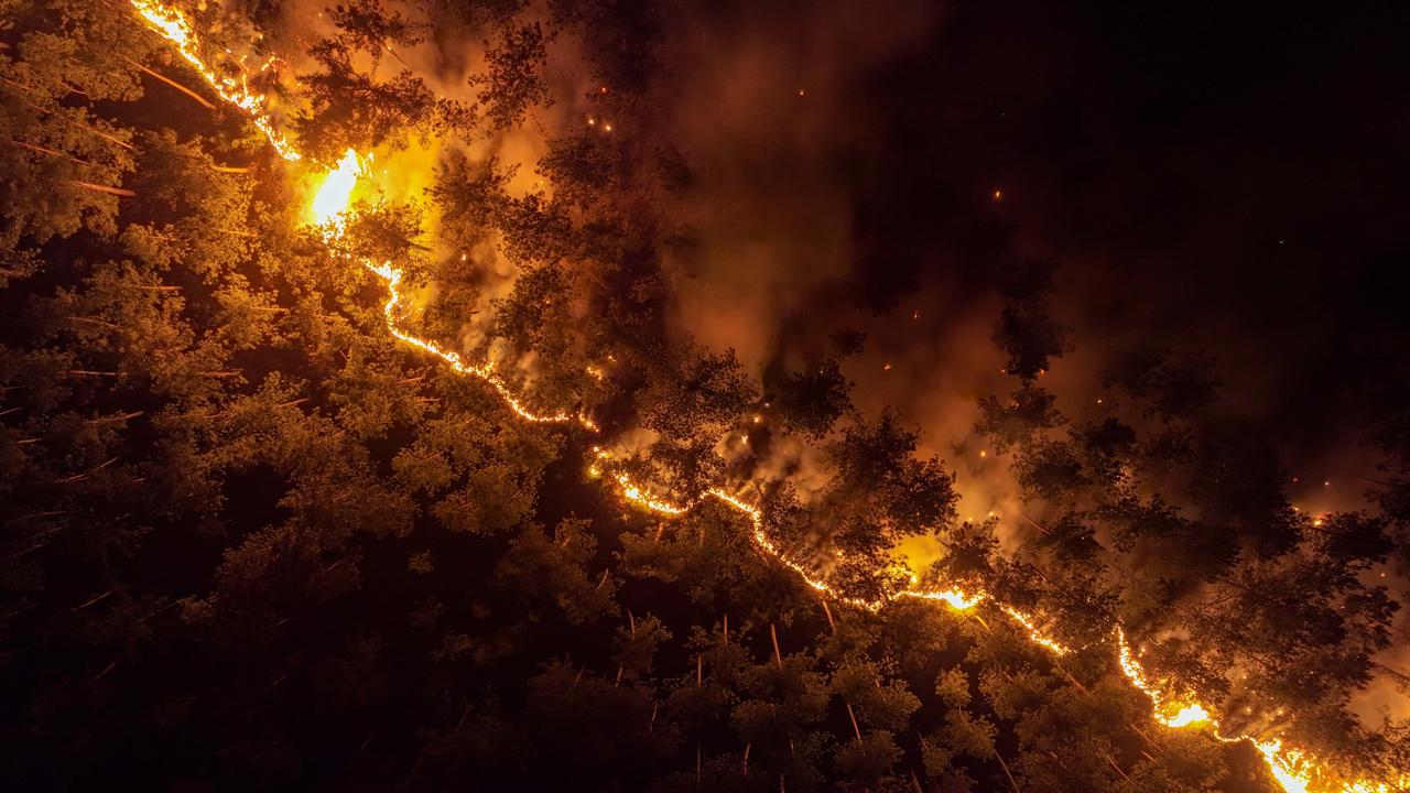 Firefighting teams conduct air and ground operations as smoke billows from a forested area in Bursa, Türkiye, July 29, 2025.