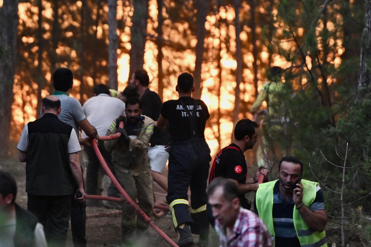 Firefighters and local residents work together to contain a forest fire in the wooded area near Kahyalar village, Karabuk, Türkiye, July 28, 2025. (AA Photo)