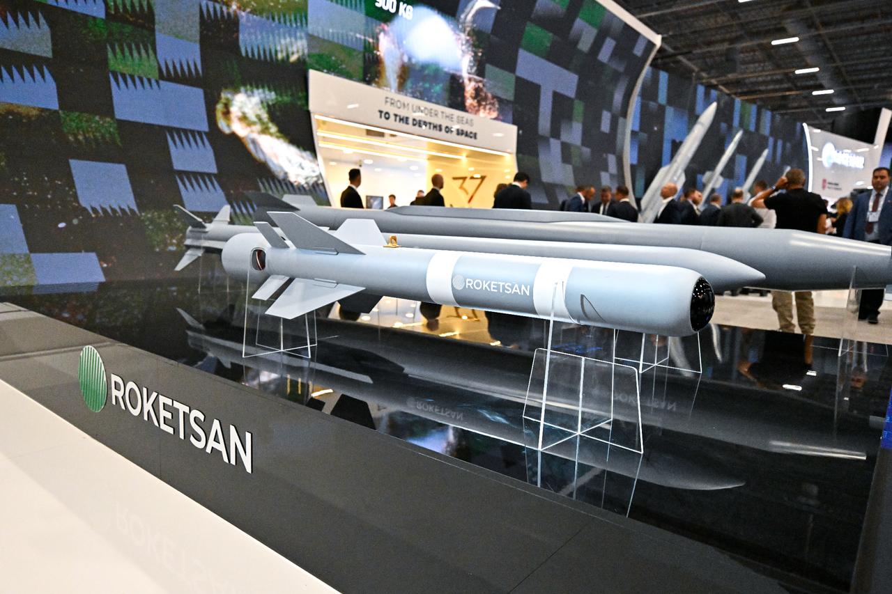 A view of Roketsans stall with EREN loitering munition can be seen in the IDEF 2025 at the Istanbul Expo Center in Istanbul, Türkiye on July 22, 2025. (AA Photo)