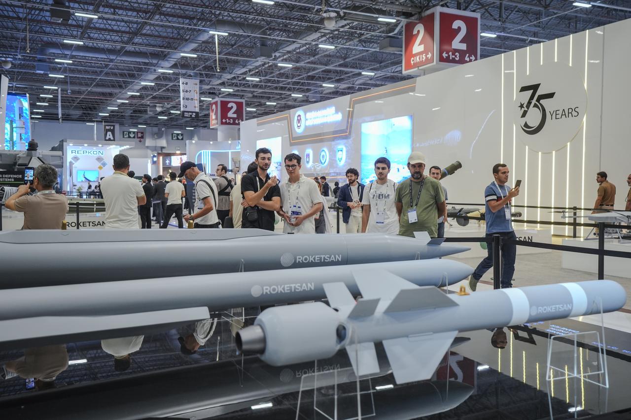 A view of Roketsan's stall with EREN loitering munition can be seen in the IDEF 2025 at the Istanbul Expo Center in Istanbul, Türkiye on July 22, 2025. (AA Photo)