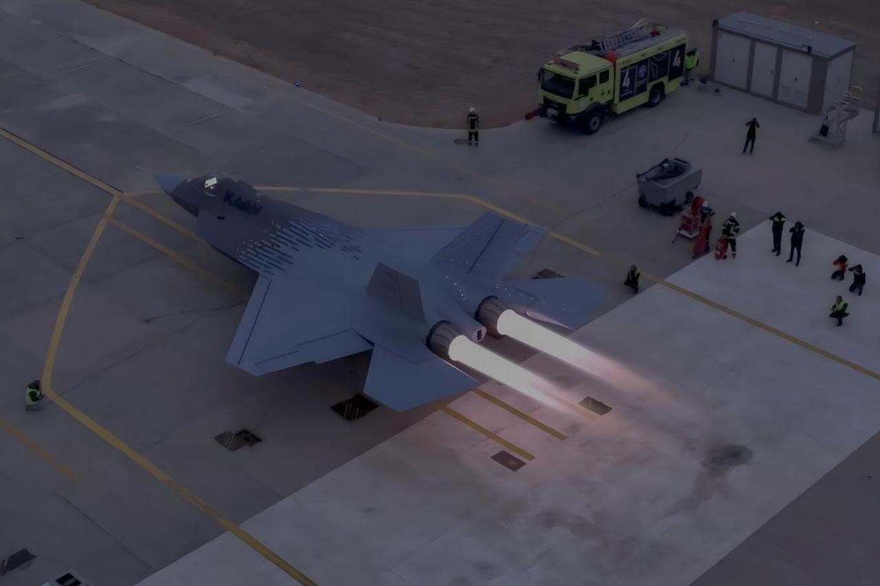 KAAN fighter jet, developed by Turkish Aerospace Industries (TAI) during its afterburner running tests in Ankara, Türkiye, accessed on February 28, 2025. (Photo via X/@TUSAS_TR)