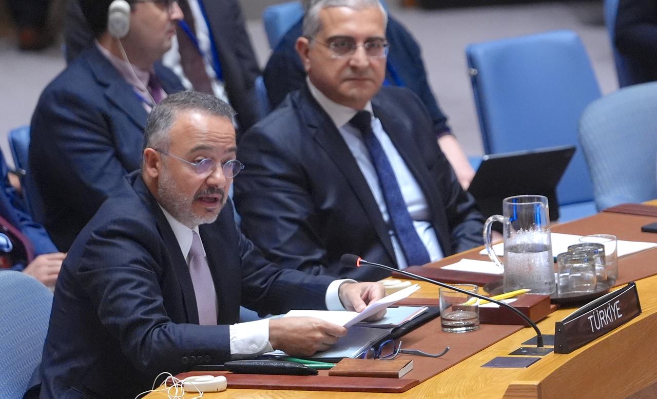Turkish Deputy Foreign Minister Nuh Yilmaz (L) delivers a speech on behalf of Türkiye during the UN Security Council meeting in New York, United States, on July 28, 2025. (AA Photo)