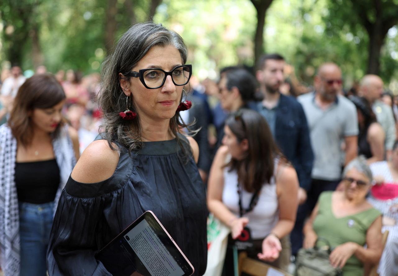 UN Special Rapporteur for the occupied Palestinian territories Francesca Albanese attends a rally to denounce the situation in Gaza, in Madrid on June 23, 2025. (AFP Photo)