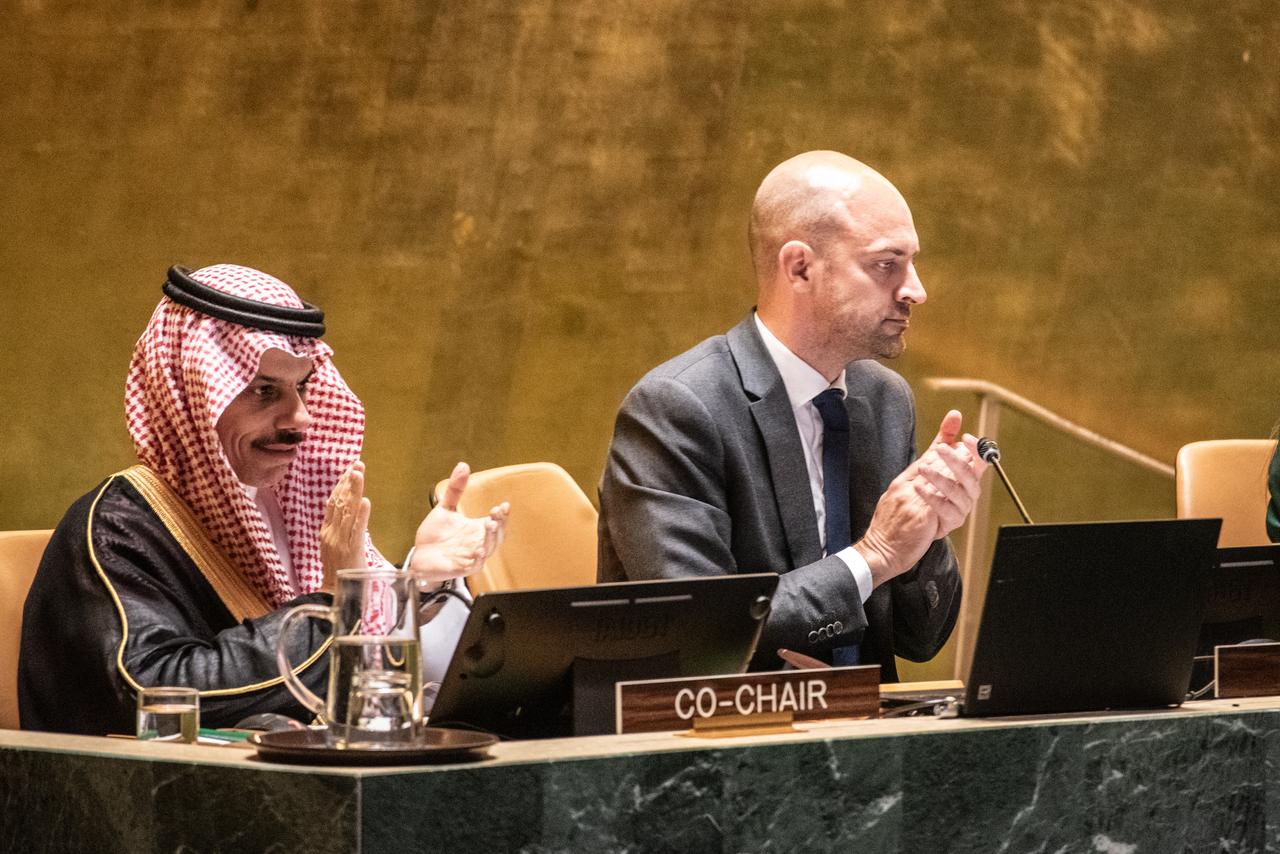 Saudi Arabia's foreign minister, Faisal bin Farhan Al-Saud, (L) and French foreign minister, Jean-Noel Barrot, (C) chair a conference on Palestine and a two-state solution at the UN in New York City, on July 29, 2025.(Photo by AFP)
