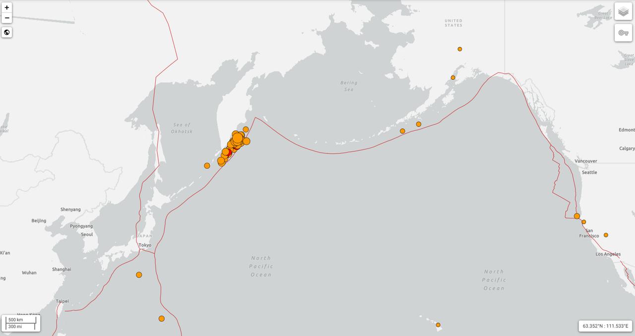 USGS map shows seismic activity following the 8.8 magnitude earthquake off Russia’s Kamchatka Peninsula, July 30, 2025. (Image via earthquake.usgs.gov)