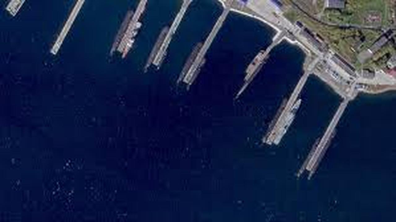 Satellite image showing submarines docked at the Vilyuchinsk naval base in Kamchatka, Russia. (Image via allsourceanalysis.com)