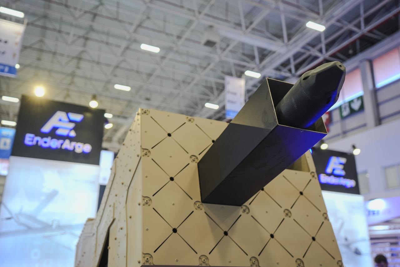 Turkish Ender ARGEs loitering munition system featuring fiber optic cable-connected FPV at IDEF 2025 in Istanbul, Türkiye on July, 2025. (AA Photo)