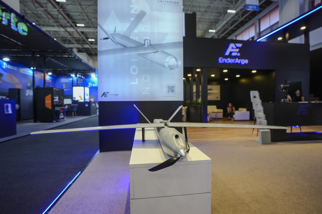 Turkish Ender ARGE's loitering munition system featuring fiber optic cable-connected FPV at IDEF 2025 in Istanbul, Türkiye on July, 2025. (AA Photo)