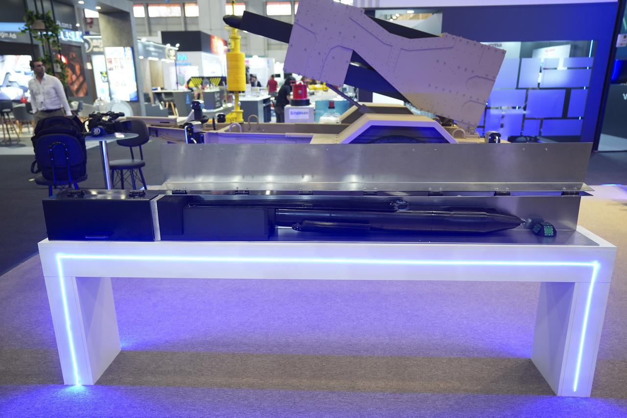 Turkish Ender ARGE's loitering munition system featuring fiber optic cable-connected FPV at IDEF 2025 in Istanbul, Türkiye on July, 2025. (AA Photo)