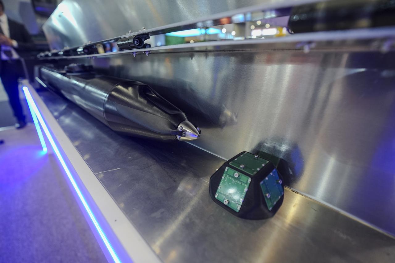 Turkish Ender ARGE's loitering munition system featuring fiber optic cable-connected FPV at IDEF 2025 in Istanbul, Türkiye on July, 2025. (AA Photo)