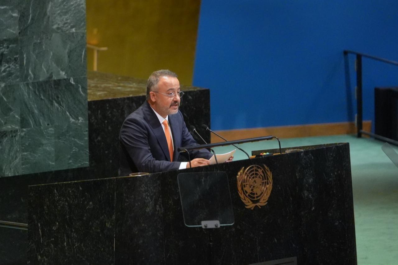 Türkiyes Deputy Foreign Minister Nuh Yilmaz speaks at UN headquarters, in New York, United States on July 29, 2025. (AA Photo)