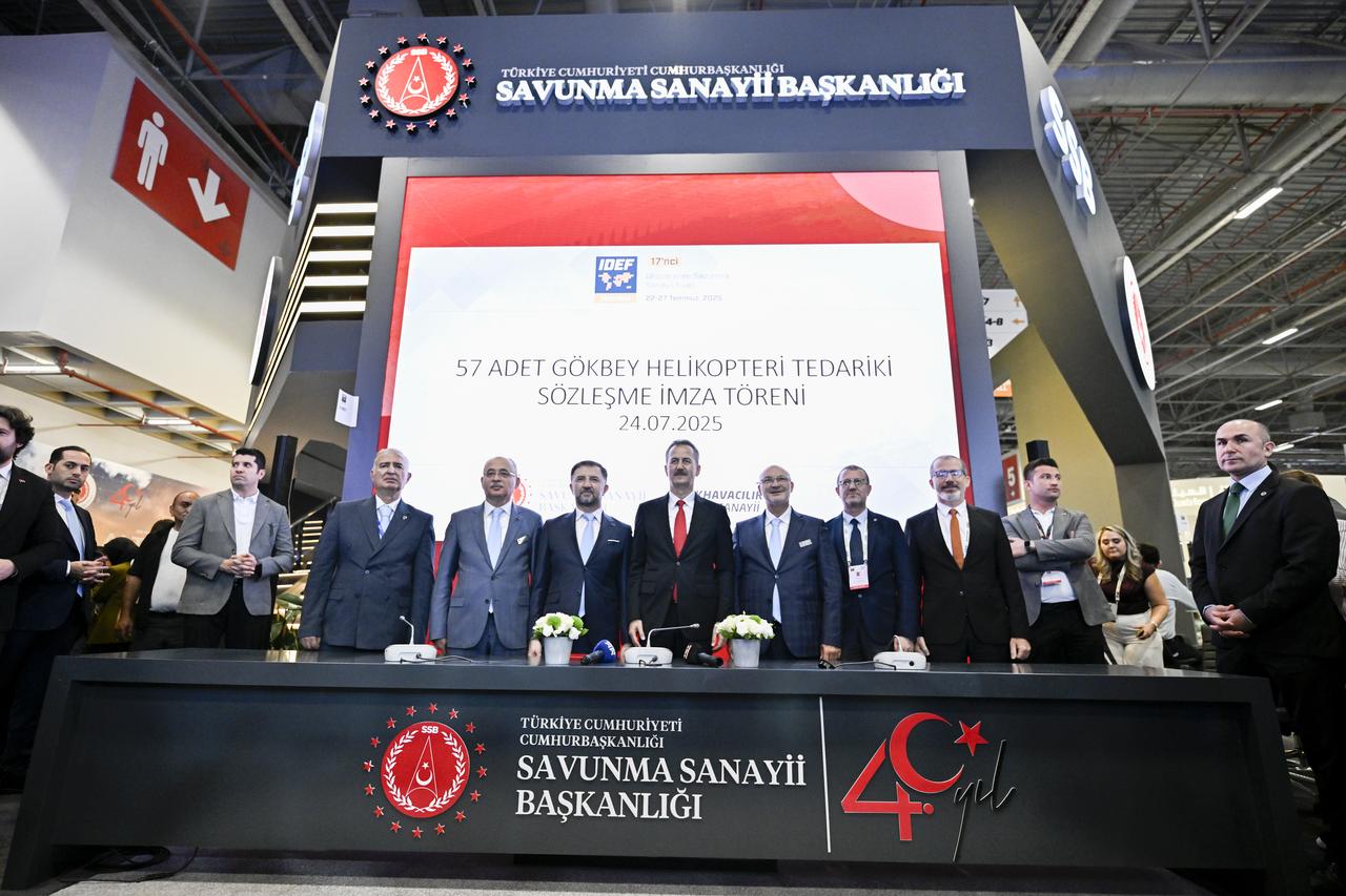 Signing ceremony of Gokbey general-purpose helicopters between Turkish Aerospace Industries (TAI) with Presidency of Defense Industries (SSB) at IDEF 2025 in Istanbul, Türkiye. (AA Photo)