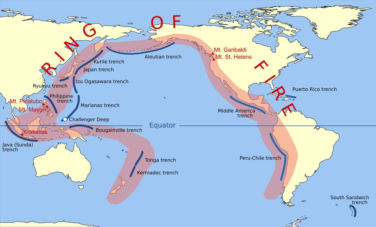 Volcanic arcs and oceanic trenches partly encircling the Pacific Basin form the so-called Pacific Ring of fire, a zone of frequent earthquakes and volcanic eruptions─the trenches are shown in blue-green, Feb. 11, 2009. (Image via Wikimedia)