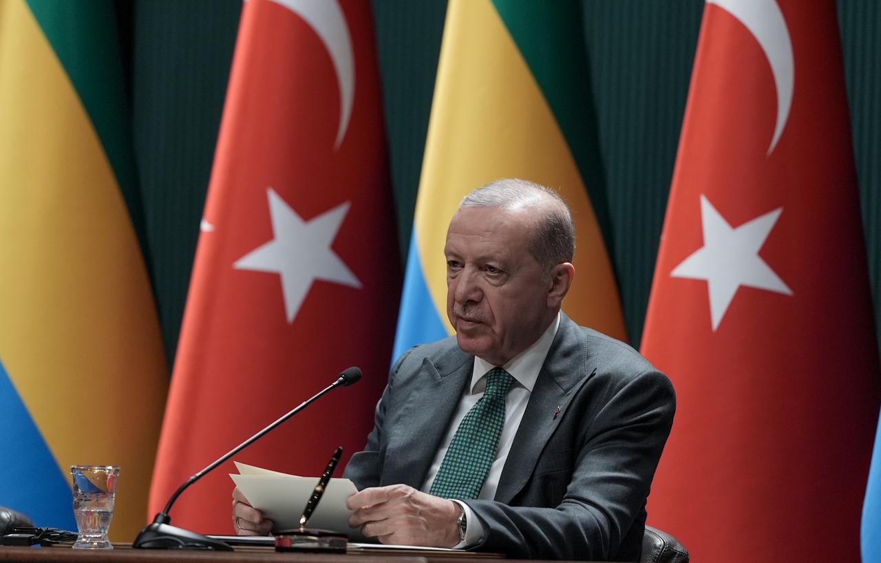 Turkish President Recep Tayyip Erdogan and President Brice Clotaire Oligui Nguema of Gabon (not seen) hold a joint press conference after their meeting at the Presidential Complex in Ankara, Turkiye, on July 31, 2025. (AA Photo)