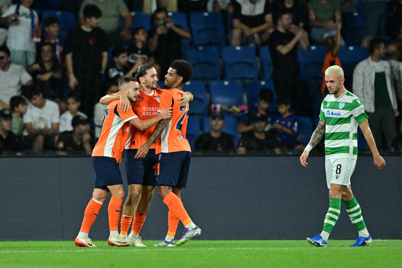 Miguel Crespo (13) of RAMS Basaksehir celebrates his goal with his teammates during UEFA Conference League 2nd qualifying round second leg match between RAMS Basaksehir and Cherno More at Basaksehir Fatih Terim Stadium in Istanbul, Türkiye on July 31, 2025. (AA Photo)