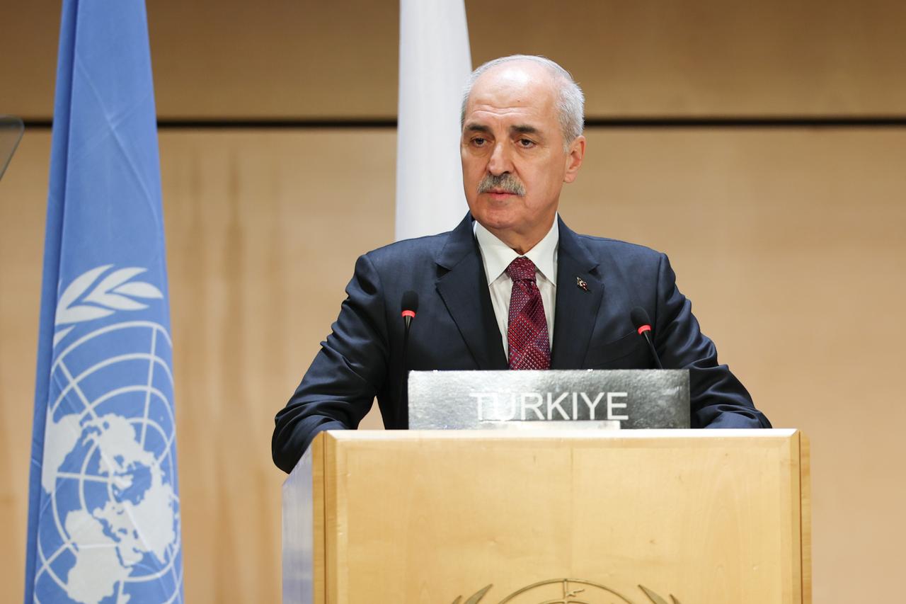 Turkish Parliament Speaker Numan Kurtulmus speaking at the 6th World Conference of Parliament Speakers on July 29, 2025 in Geneva, Switzerland. (Photo via Turkish Grand National Assembly)